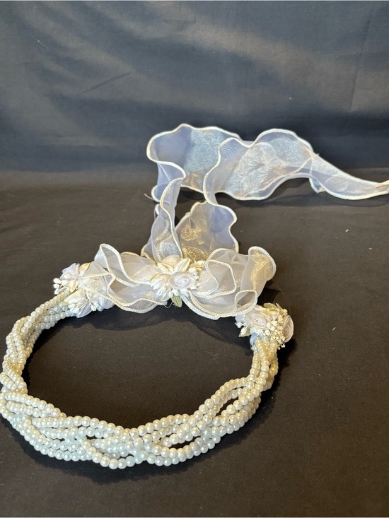 Accessories - First Comunion, Wedding White Faux Pearls Braided Headband Crown w/Sheer Ribbon